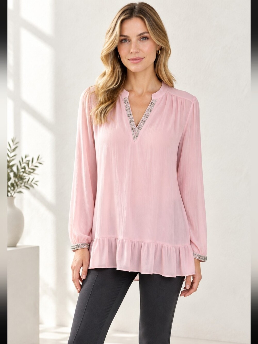 NY Collection Womens Blouse Medium Petite Rose Pink Zephy Studded V-Neck & Cuffs